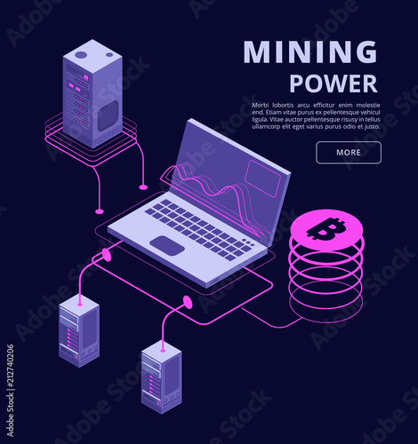 Cryptocurrency, blockchain, token trading, bitcoin farms and ico vector 3d isometric concept