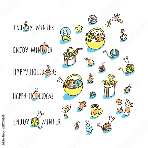 Set of hand drawn winter holidays elements and signs.