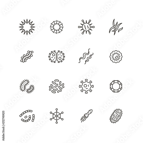 Illness bacilli, microbes, viruses and microorganisms line icons. Bacteriology hygiene and infection outline vector isolated symbols