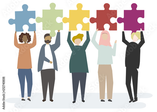 Illustration of diverse characters holding up jigsaw pieces