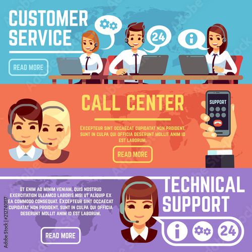 Customer service banners with call center support operators helping customer. Vector set