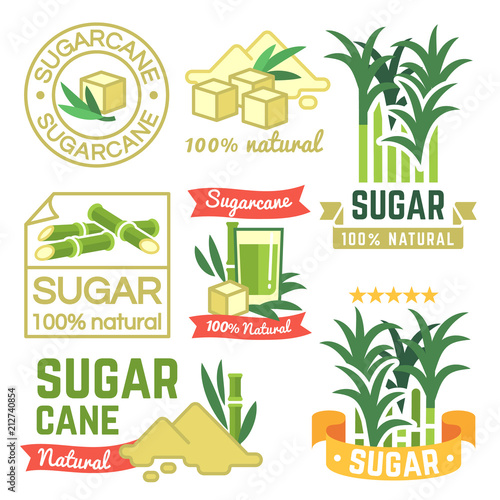 Sugar production labels, sugarcane farm badges and emblems vector set