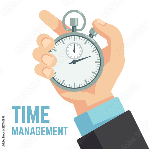 Businessman hand holding stopwatch or clock. Deadline, punctuality and time management business vector concept