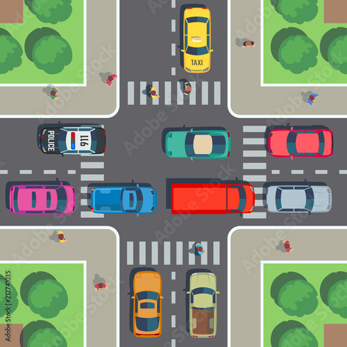 Crossroad top view. Road intersection with crosswalk, cars and people on sidewalk. Vector illustration