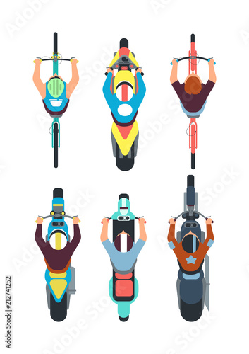 People on bike top view. Persons ride motorcycle, scooter and bicycle in overhead view. Vector set