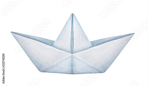 Watercolour illustration of classic folded paper boat. One single object, side view. Symbol of childhood, dreams, travel, freedom. Handdrawn water color painting on white background, cut out clip art.