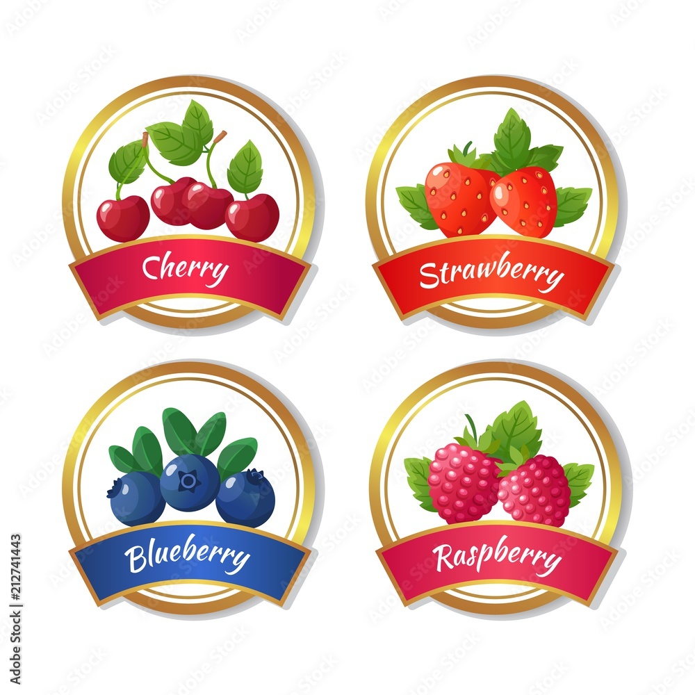 Berry jam and marmalade labels. Fresh summer fruits stickers vector