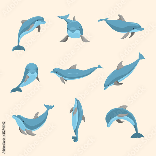 Fototapete Cartoon Characters Funny Dolphin Set. Vector