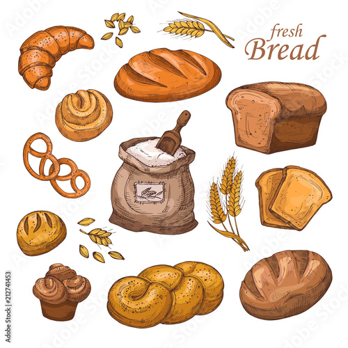 Cartoon bread, fresh bakery product, flour, ears of wheat. Hand drawn vector set isolated on white background