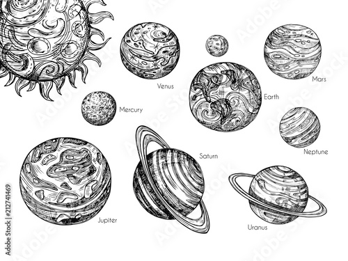 Sketch solar system planets. Mercury, venus, earth, mars, jupiter, saturn, uranus and neptune in hand drawn engraving style vector set