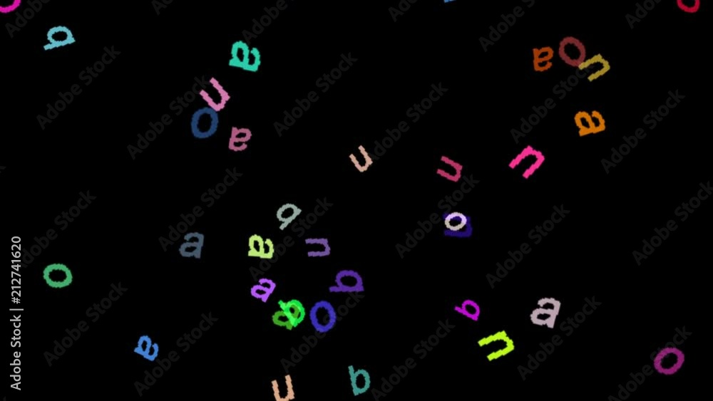 Animated computer screen saver with moving colored letters on a black background Animated computer screen saver with moving colored letters on a black background