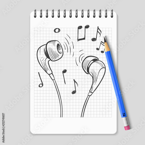 Hand drawn headphones and music notes on realistic notebook page