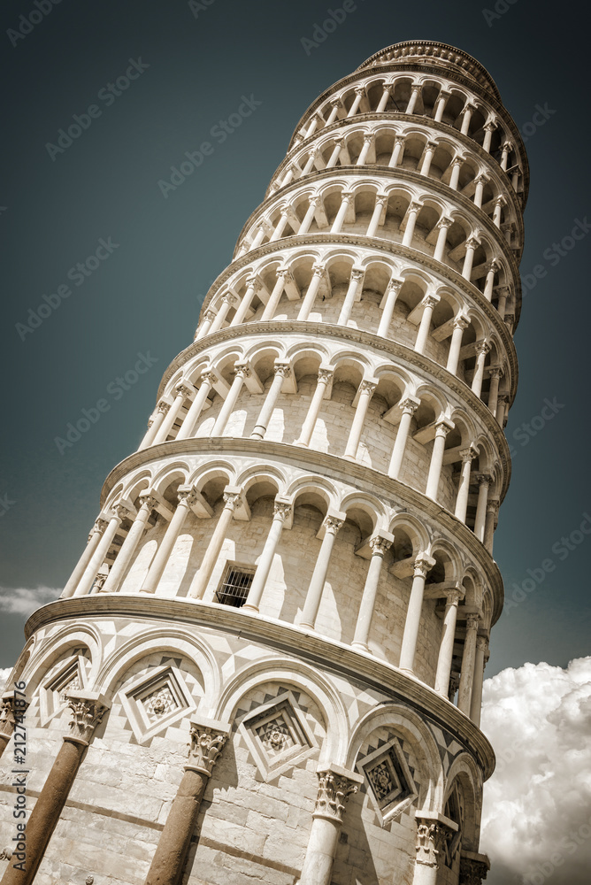 Leaning tower of Pisa vintage style, Tuscany, Italy