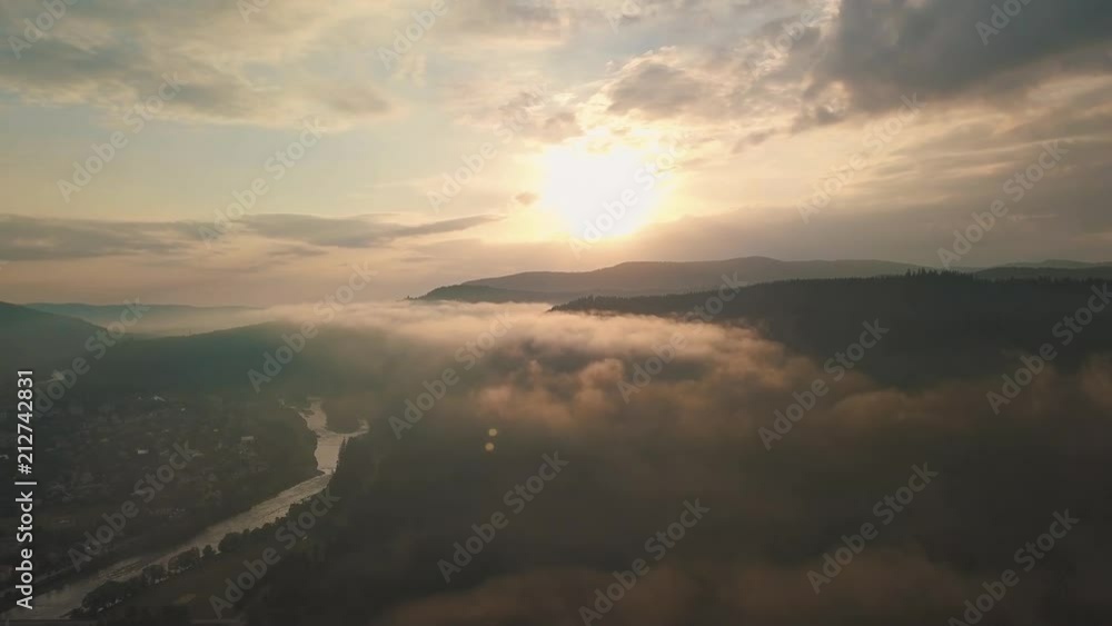 Sunset in mountings. Aerial view. Fog Sunset in mountings. Aerial view. Fog