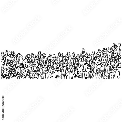 Crowd of people standing on stadium watching soccer competition vector illustration sketch doodle hand drawn with black lines isolated on white background