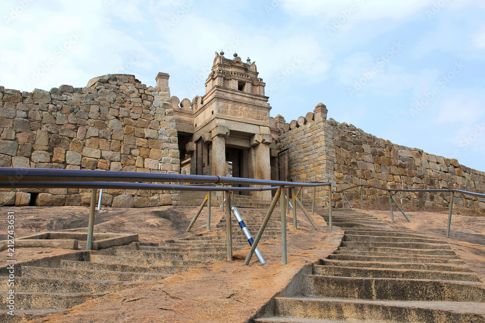 Gateway and rock cut steps leading to the Gomateshwara temple