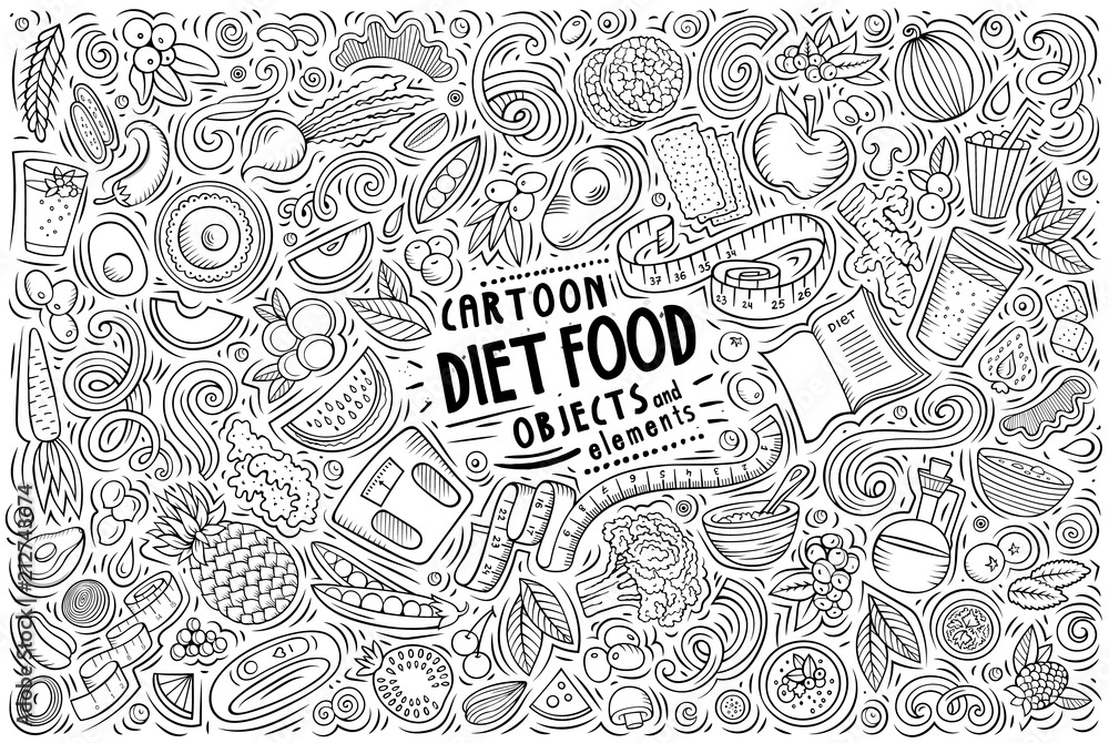 Vector hand drawn doodle cartoon set of Diet food theme objects