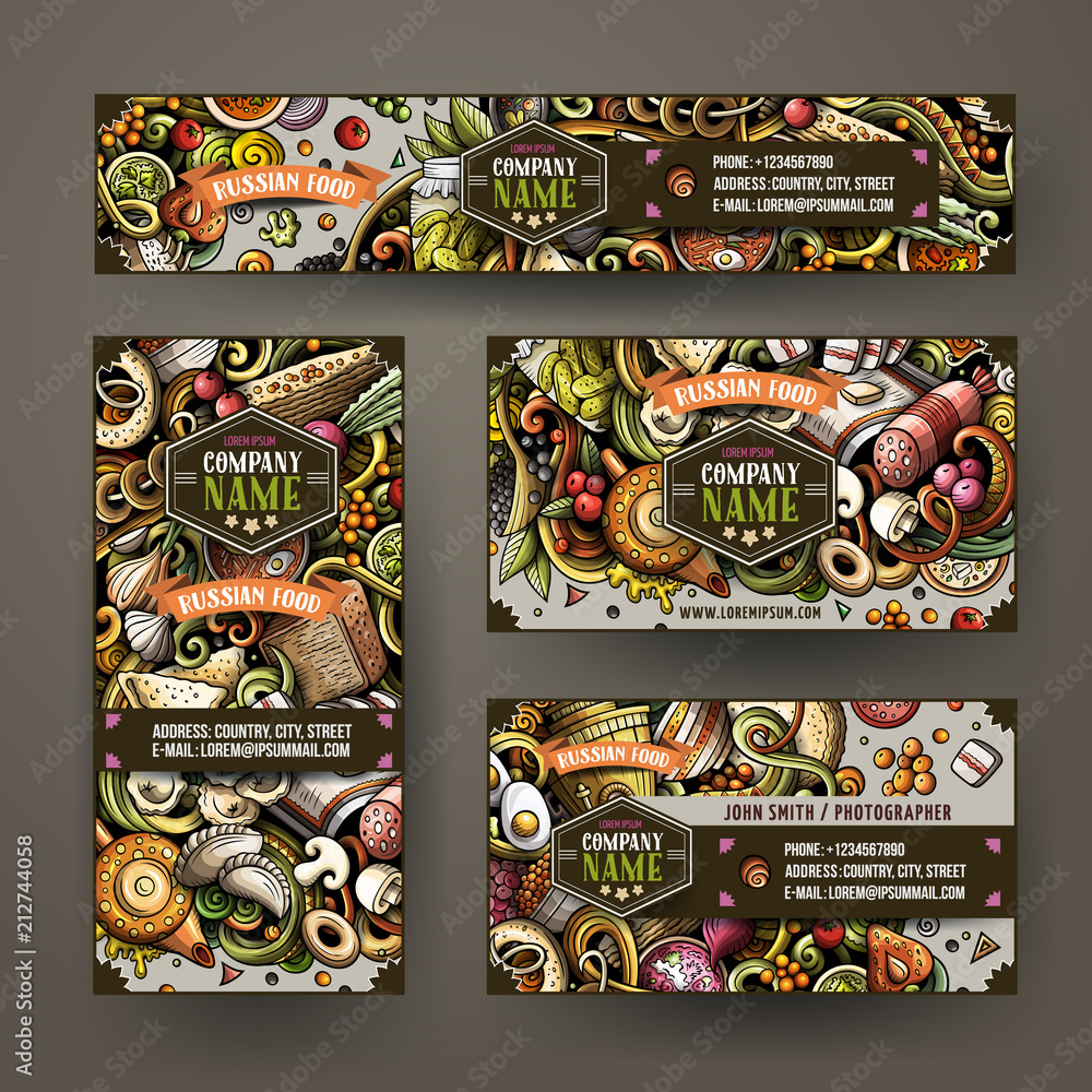 Corporate Identity set design with doodles hand drawn Russian food theme