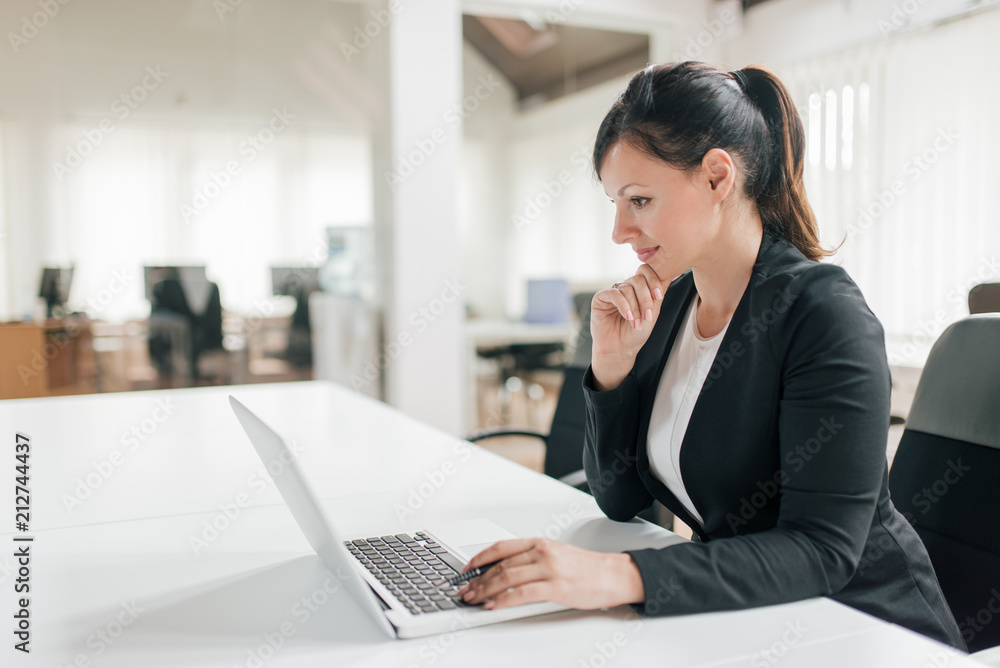 Side portrait of beautiful female office worker. Side portrait of beautiful female office worker.