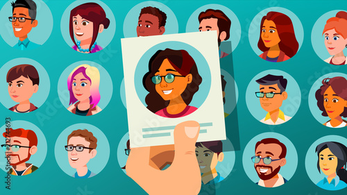 Human Recruitment Vector. Woman. Human Recruitment. Selected Group Of People. Pick From The Crowd. Cartoon Illustration