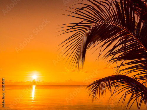 Fototapeta Naklejka Na Ścianę i Meble -  Beautiful tropical beach sea and ocean with coconut palm tree at sunrise time