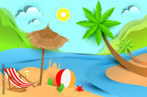 Summer beach holiday vacation. Tropical landscape flat illustration