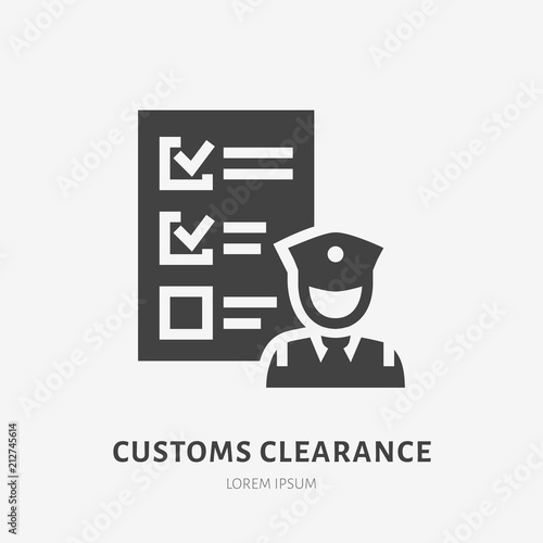 Customs clearance flat glyph icon. Policeman inspecting luggage sign. Solid silhouette logo for cargo trucking, freight services.