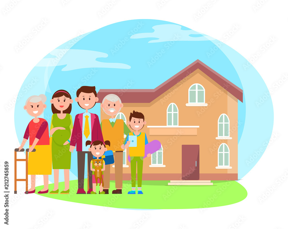 Family anf Building Poster Vector Illustration