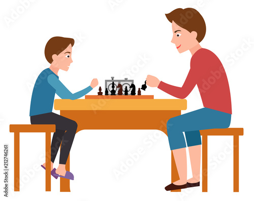 Father and Son Playing Chess Sit on Chairs Table
