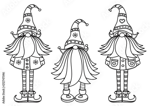 Vector  Christmas gnomes cartoons, black  silhouettes  isolated on white.