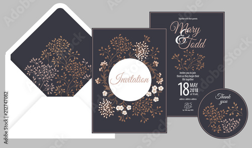 Invitations, thank you, rsvp templates cards and cover with flowers.