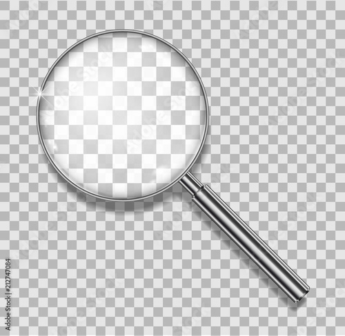 Magnifying glass with steel frame isolated. Realistic Magnifying glass lens for zoom on transparent background. 3d magnifier loupe vector illustration