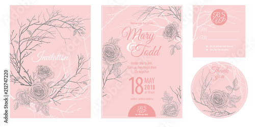 Invitations, thank you, rsvp templates cards with flowers roses.
