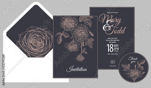 Invitations, thank you, rsvp templates cards with flowers roses.