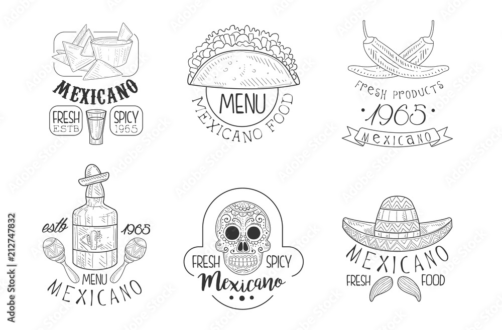 Vector set of sketch emblems for Mexican restaurant. Monochrome logos with skull, sombrero hats with mustache, traditional food and drink