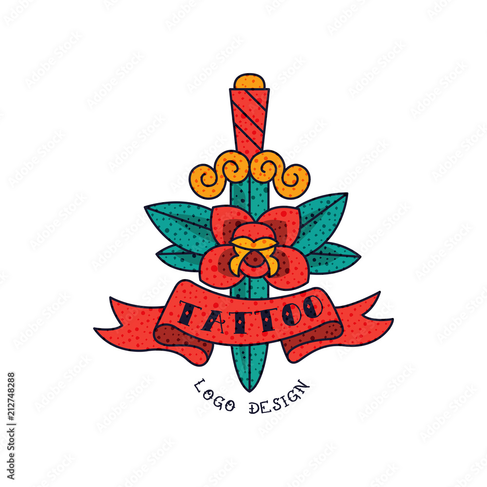 Dagger, red rose flower, ribbon and word Tattoo, classic American old