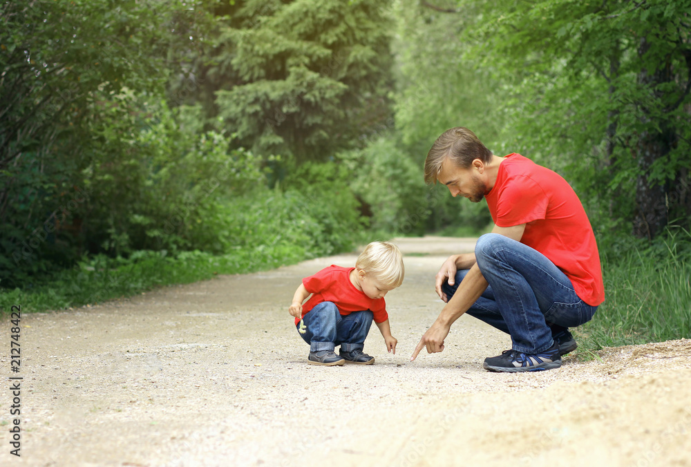 Fototapeta premium Father and his toddler son found the insect and inspect it. Kid exploring nature concept. Copy space