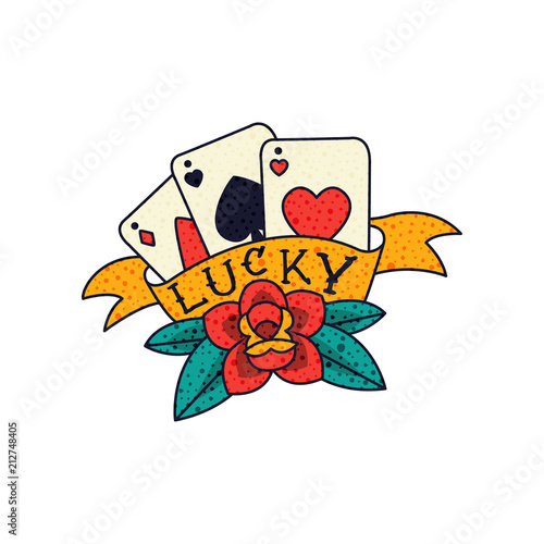 Playing cards, red rode flower, ribbon and word Lucky, classic American old school tattoo