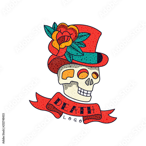 Human skull in top hat with flowers, ribbon and word Death, classic American old school tattoo logo design