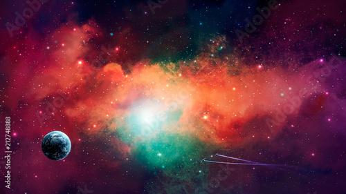 Fototapeta Naklejka Na Ścianę i Meble -  Space scene. Colorful nebula with Earth planet and spaceships. Elements furnished by NASA. 3D rendering