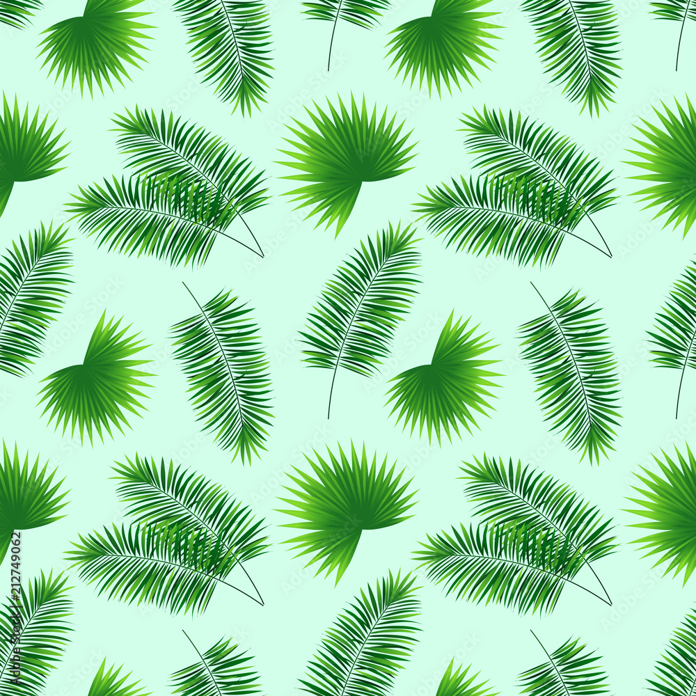 palms leaves seamless pattern. repeat tropical background. template greenary wallpaper. Graphic design with Phoenix palms, Washingtonia . Fashion, interior, wrapping, packaging, textile print.