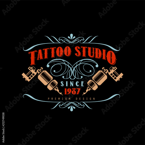 Tattoo studio logo design premium estd 1987, retro styled emblem with tattoo machines vector Illustration