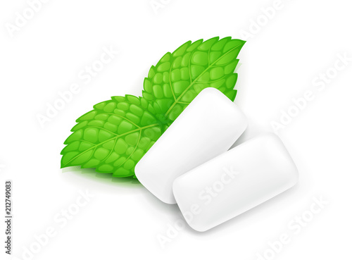 Two chewing gum and mint leaf. Fresh spearmint chewing-gum.
