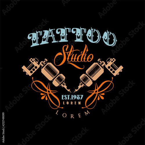 Tattoo studio logo estd 1987, retro styled emblem with with professional equipment vector Illustration