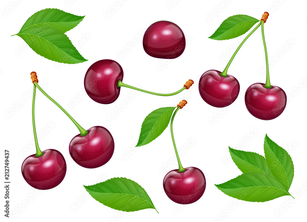 Set of Cherries with green leaf. Fresh, juicy, ripe fruit. Red Set of Cherries with green leaf. Fresh, juicy, ripe fruit. Red