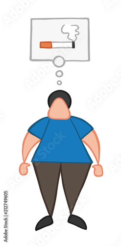 Vector cartoon man standing and thinking smoking cigarette with thought bubble