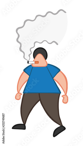 Vector cartoon man walking and smoking cigarette