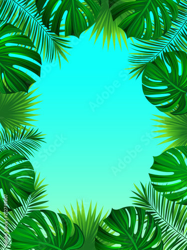 Exotic tropical frame with jungle plants, palm leaves, monstera and place for your text. Nature background. Vector tropic design. Trendy bright gradient colors. Travel, summer, holiday, vacation card © nataliesezam