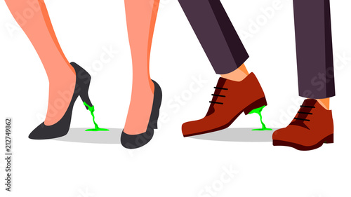 Business Trouble Concept Vector. Feet Stuck. Businessman, Woman Shoe With Chewing Gum. Wrong Step, Decision. Cartoon Illustration