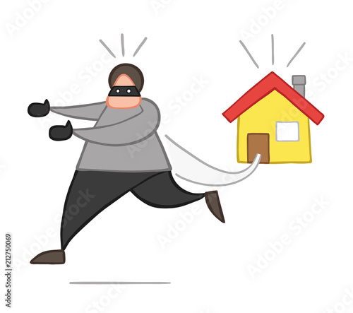 Vector cartoon thief man with face masked running away from house